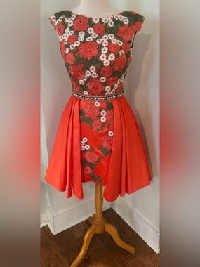 Embroidered Red Circle Skater Dressy Skirt with Floral Appliqué